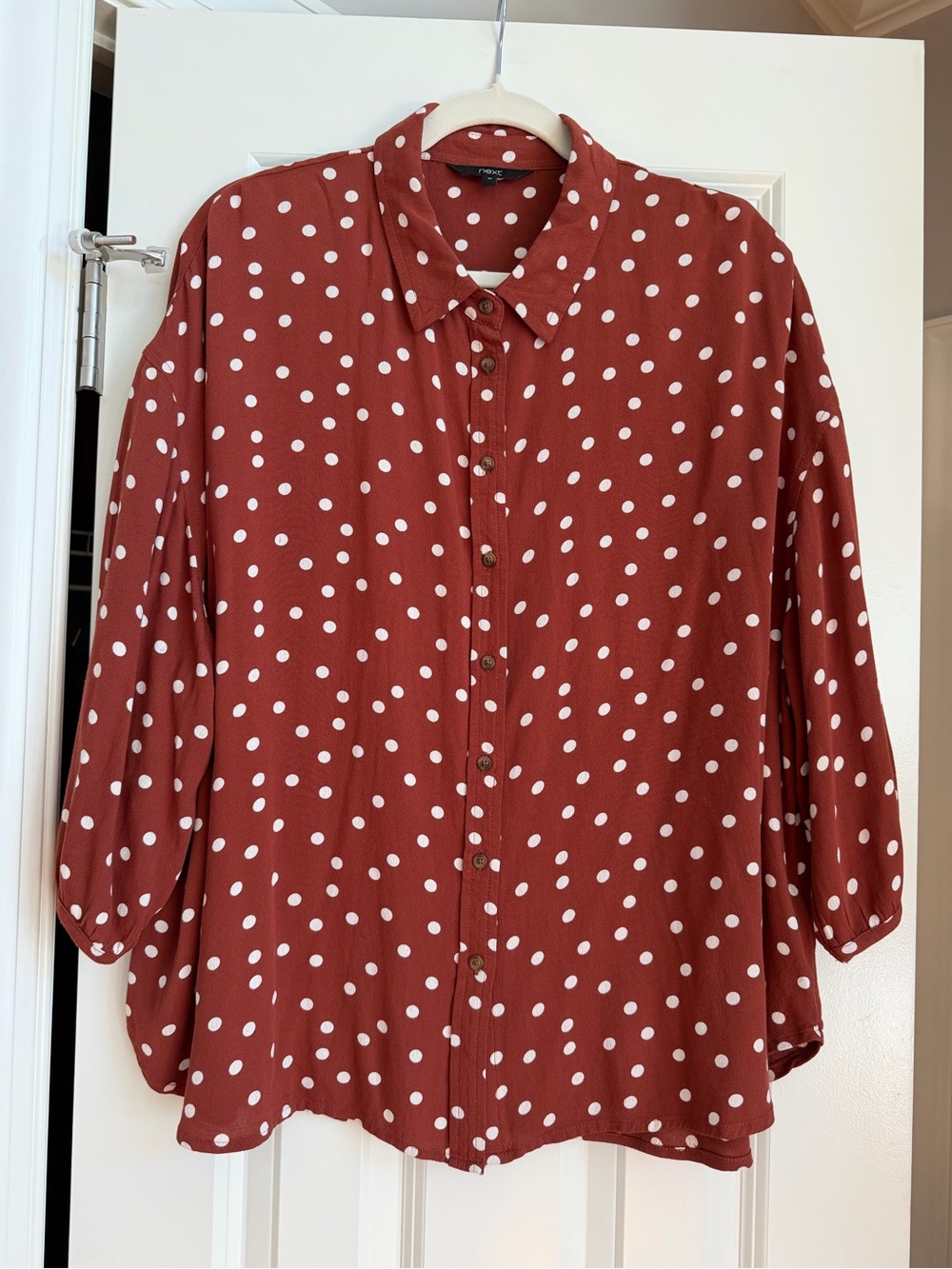 NEXT UK / Euro Polka Dot Rust Brown Terracotta Button Up Blouse Sz US 10 / UK 14